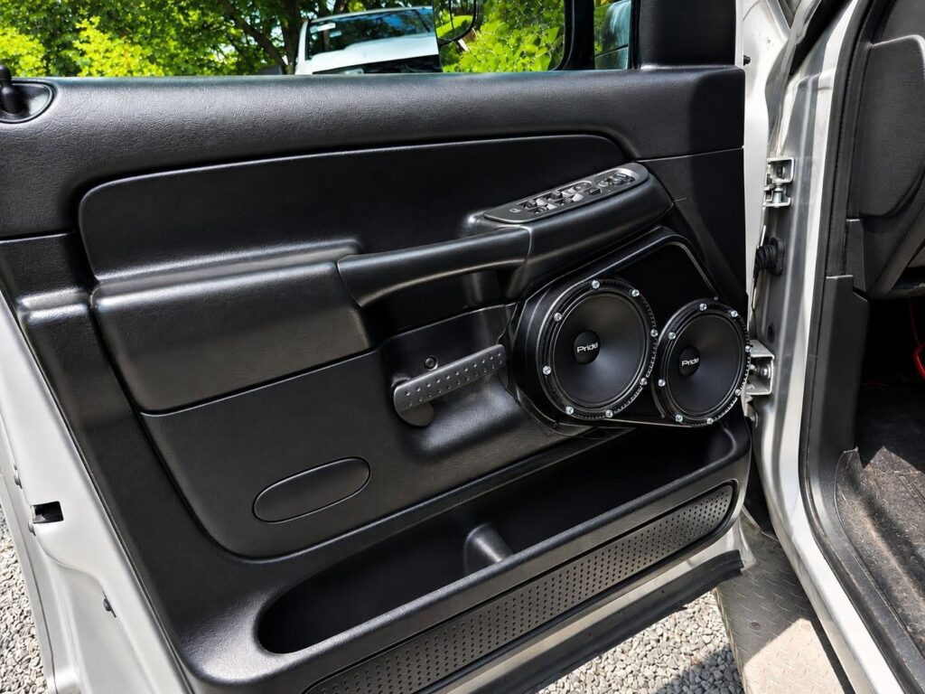 dodge ram dual 6.5 inch speaker pods with pride audio speakers