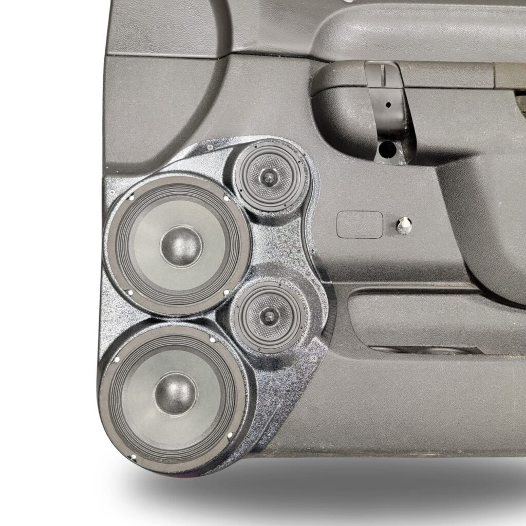 Front Door Custom Speaker Pods for the 2010-2013 Chevrolet Silverado GMC Sierra to hold Dual 6.5 in and Dual 3.5 in speakers for car audio installation upgrade