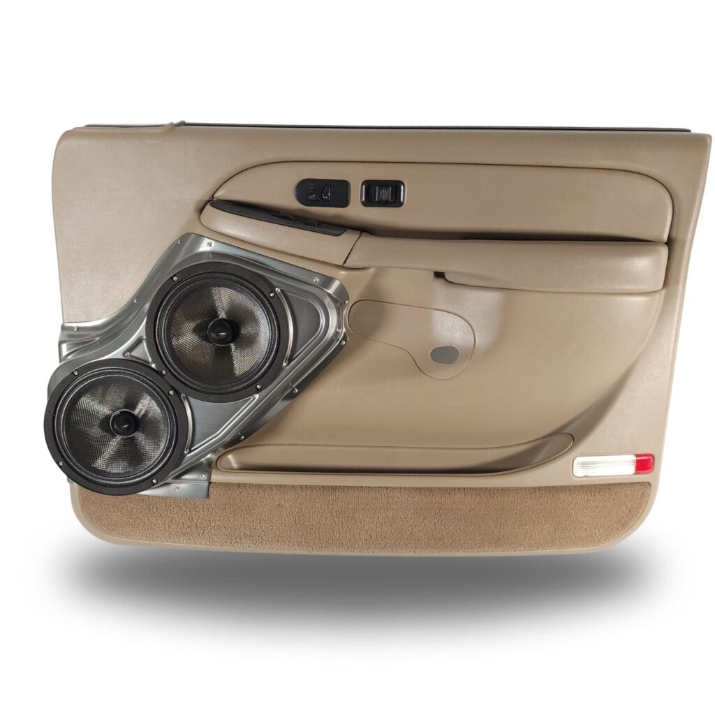 Front Door Custom Speaker Pods for the 2000-2006 Cadillac Escalade Chevrolet Avalanche Silverado Tahoe Suburban GMC Sierra Yukon to hold Dual 8.0 in speakers for car audio installation upgrade