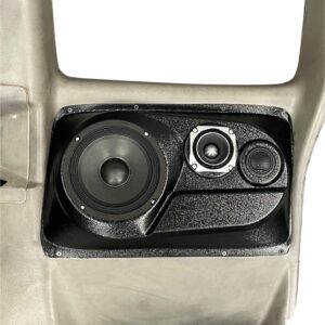 Custom speaker pods compatible with the rear doors of the 2000-2006 Silverado and Sierra extended cab with manual windows that house a single 6.5" + single 3.5" + single tweeter