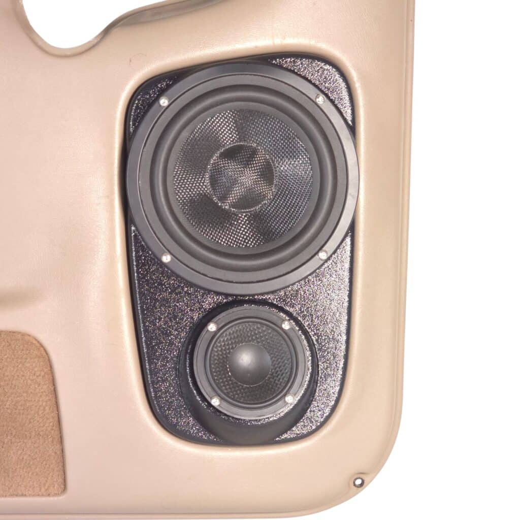 Rear Door Custom Speaker Pods for the 2000-2006 Cadillac Escalade Chevrolet Avalanche Silverado Tahoe Suburban GMC Sierra Yukon to hold 6.5 in and 3.5 in speakers for car audio installation upgrade
