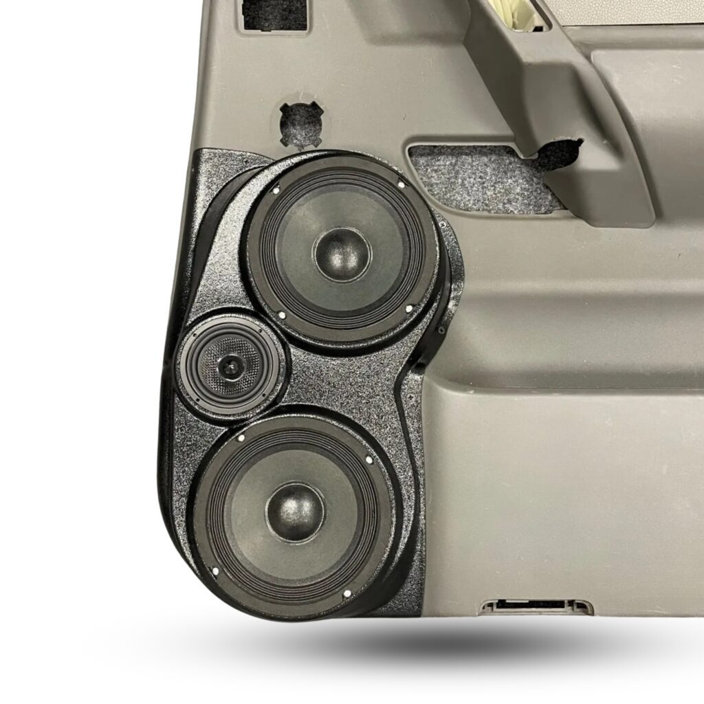 Rear Door Custom Speaker Pods for the 2004-2007 Infiniti QX56 Nissan Armada Titan to hold Dual 6.5 in and 3.5 in speakers for car audio installation upgrade