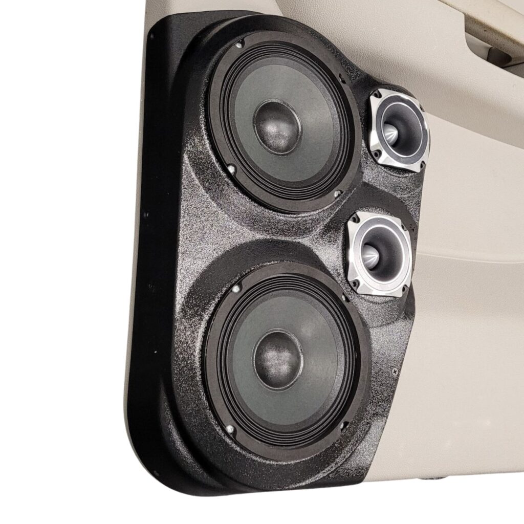 Rear Door Custom Speaker Pods for the 2007-2009 Cadillac Escalade Chevrolet Avalanche Tahoe Silverado Suburban GMC Yukon Sierra to hold Dual 6.5 in and Dual 3.5 in speakers for car audio installation upgrade