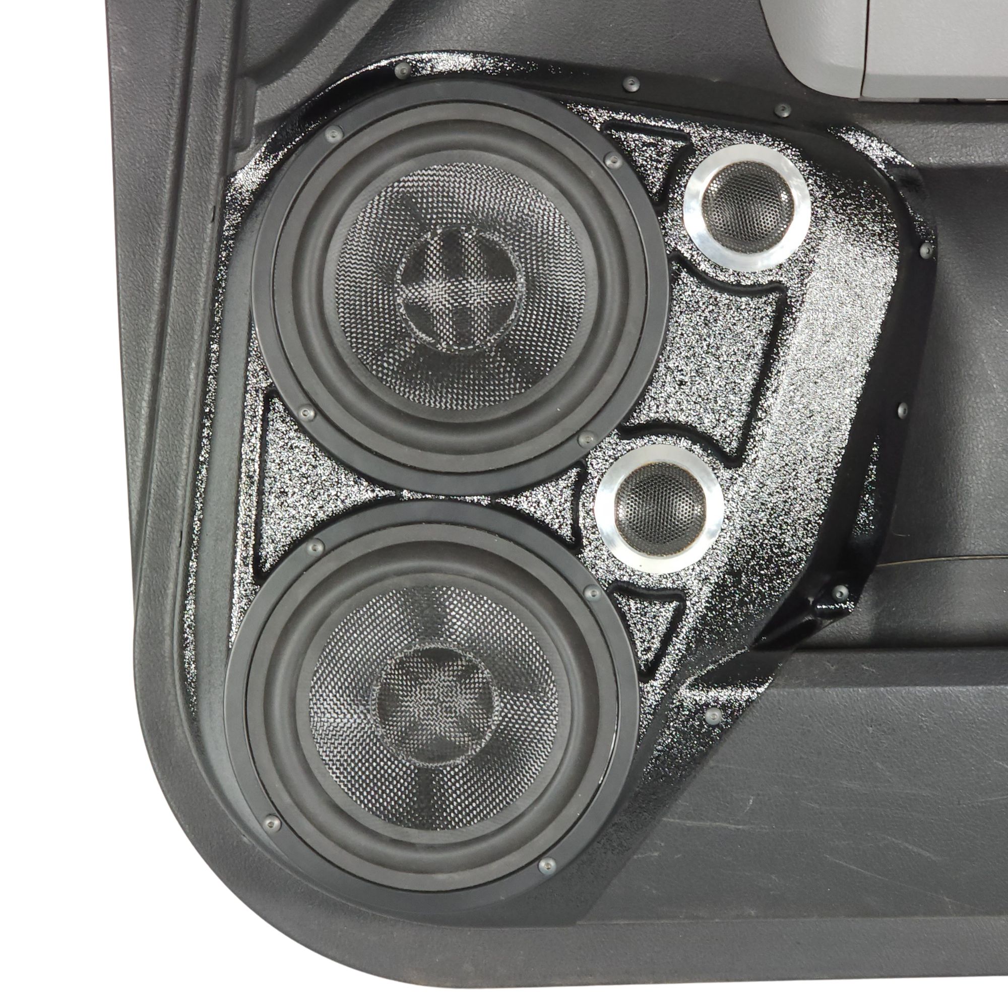 Front Door Dual 6.5 in and Dual 2.0 in Speaker Pods for 2008-2022 Toyota Sequoia Tundra Front Door Custom Speaker Pods for the 2008-2022 Toyota Sequoia Tundra to hold Dual 6.5 in and Dual 2.0 in speakers for car audio installation upgrade