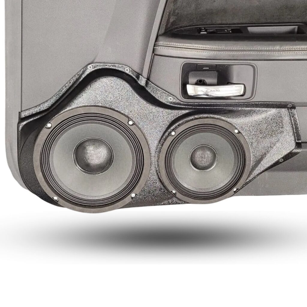 Front Door Custom Speaker Pods for the 2008-2014 Dodge Challenger to hold 8.0 in and 6.5 in speakers for car audio installation upgrade