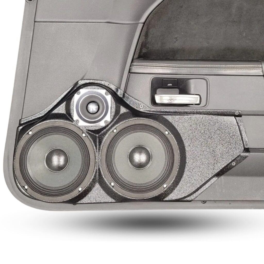 Front Door Custom Speaker Pods for the 2008-2014 Dodge Challenger to hold Dual 6.5 in and 3.5 in speakers for car audio installation upgrade