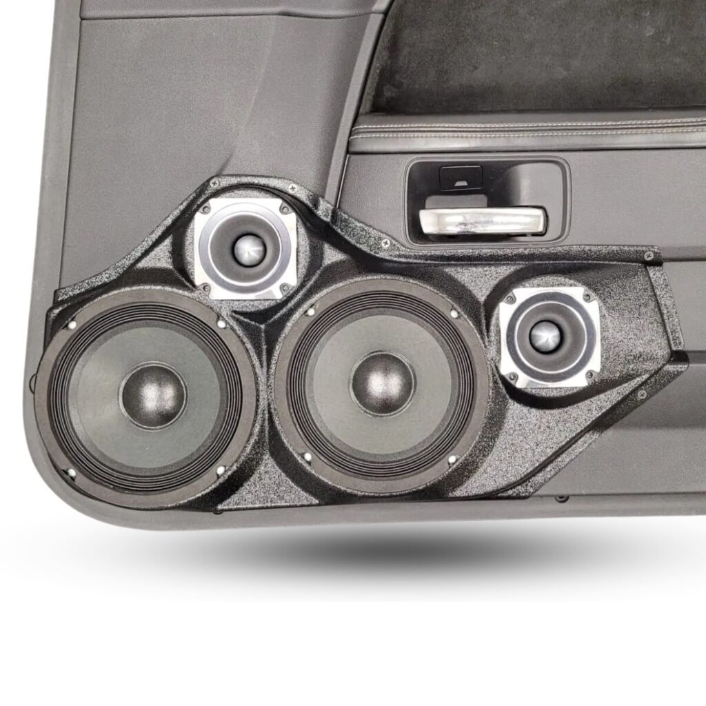 Front Door Custom Speaker Pods for the 2008-2014 Dodge Challenger to hold Dual 6.5 in and Dual 3.5 in speakers for car audio installation upgrade