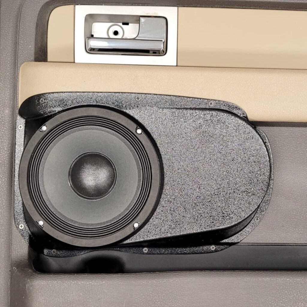 Rear Door Custom Speaker Pods for the 2009-2014 Ford F-150 to hold 8.0 in speakers for car audio installation upgrade