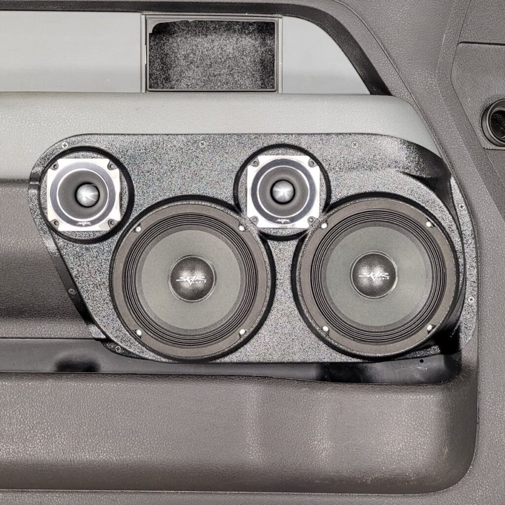 Front Door Custom Speaker Pods for the 2009-2014 Ford F-150 to hold Dual 6.5 in and Dual 3.5 in speakers for car audio installation upgrade