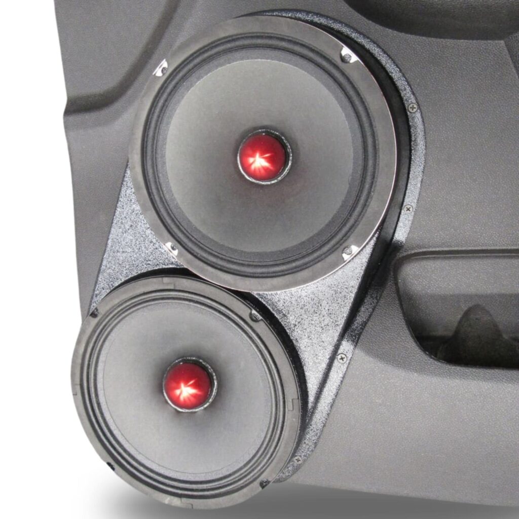 Front Door Custom Speaker Pods for the 2007-2009 Cadillac Escalade Chevrolet Avalanche Tahoe Silverado Suburban GMC Yukon Sierra to hold Dual 8.0 in speakers for car audio installation upgrade