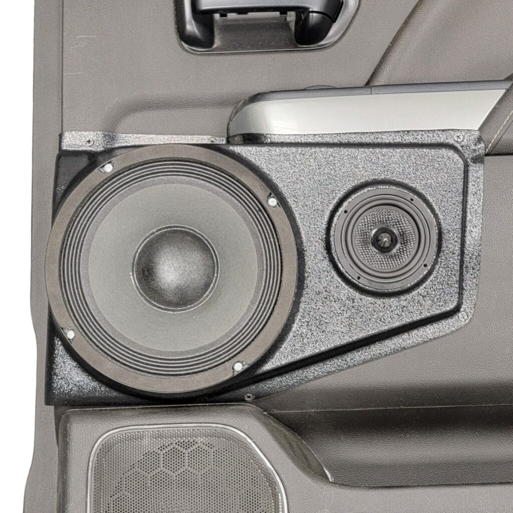 Rear Door Custom Speaker Pods for the 2014-2018 Chevrolet Silverado GMC Sierra to hold 8.0 in and 3.5 in speakers for car audio installation upgrade