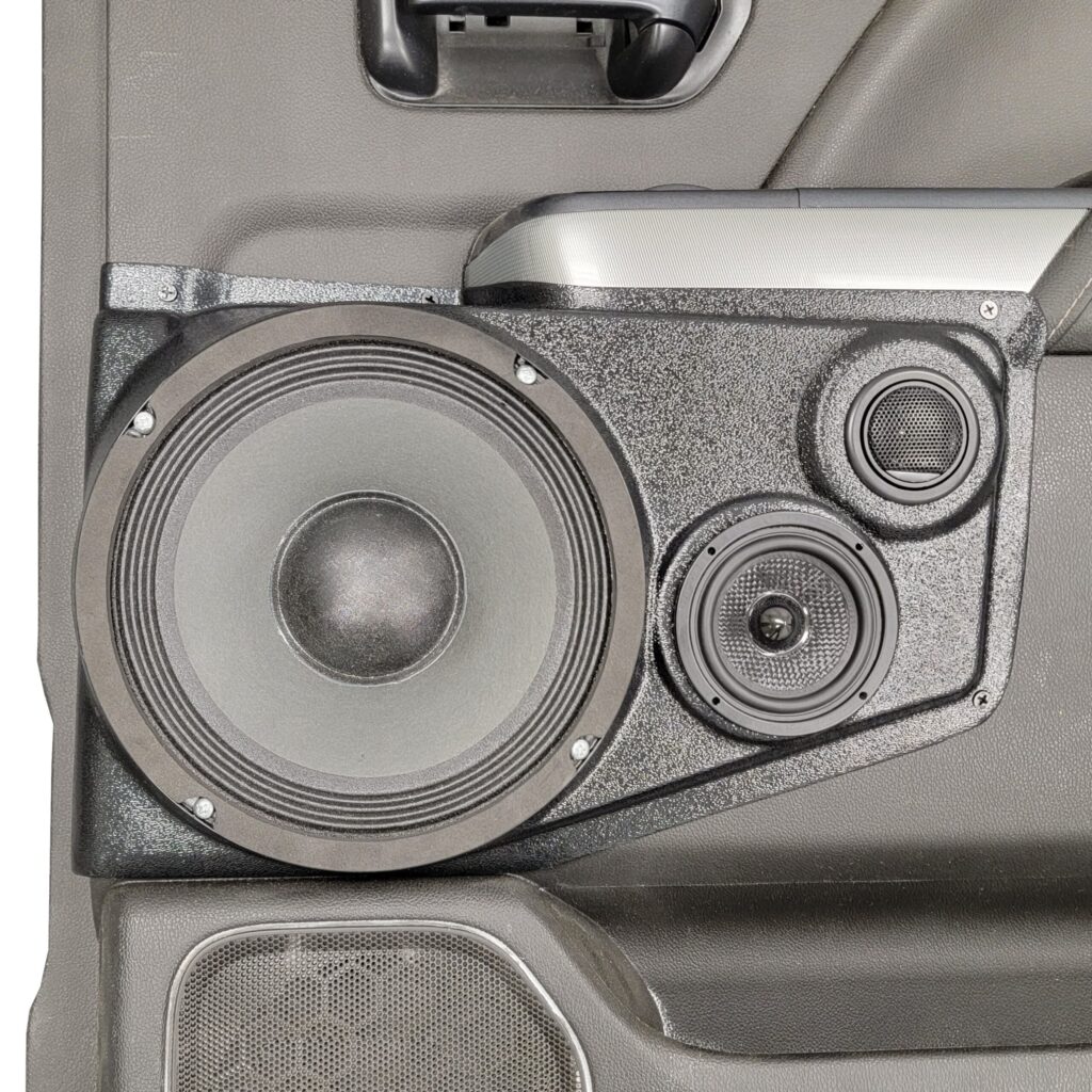 Rear Door Custom Speaker Pods for the 2014-2018 Chevrolet Silverado GMC Sierra to hold 8.0 in and 3.5 in and 2.0 in speakers for car audio installation upgrade