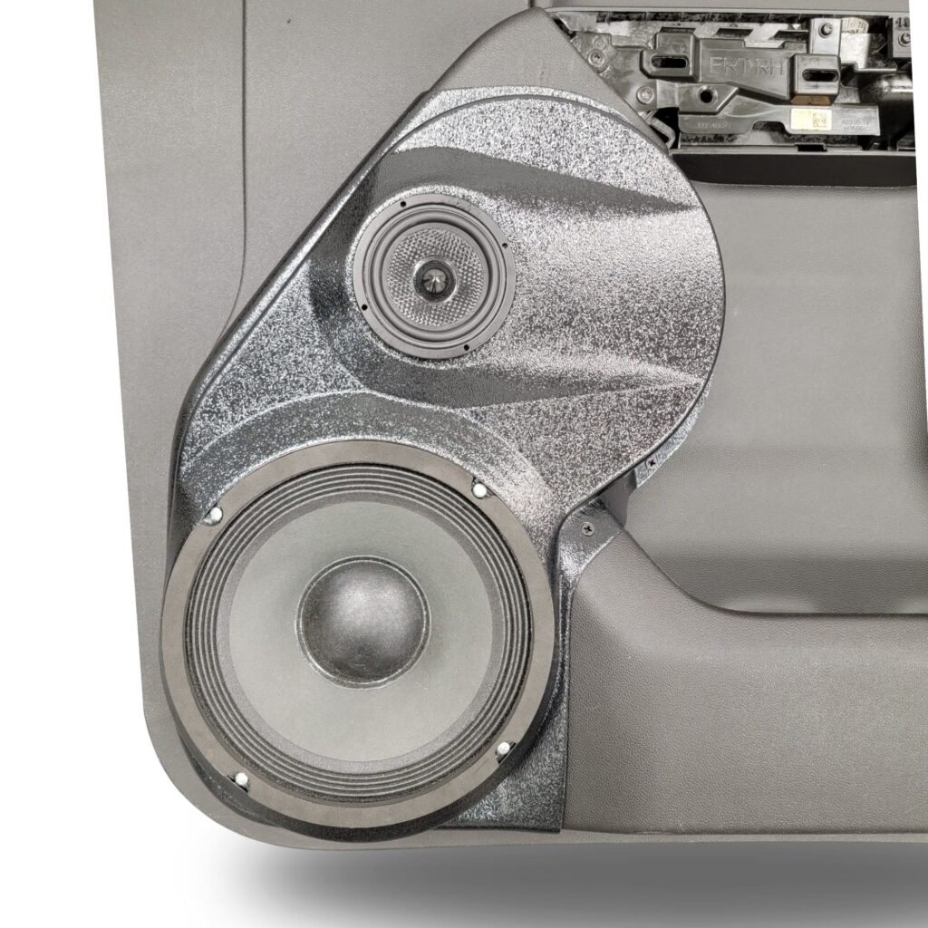 Front Door Custom Speaker Pods for the 2019-2023 Chevrolet Silverado GMC Sierra to hold 8.0 in and 3.5 in speakers for car audio installation upgrade