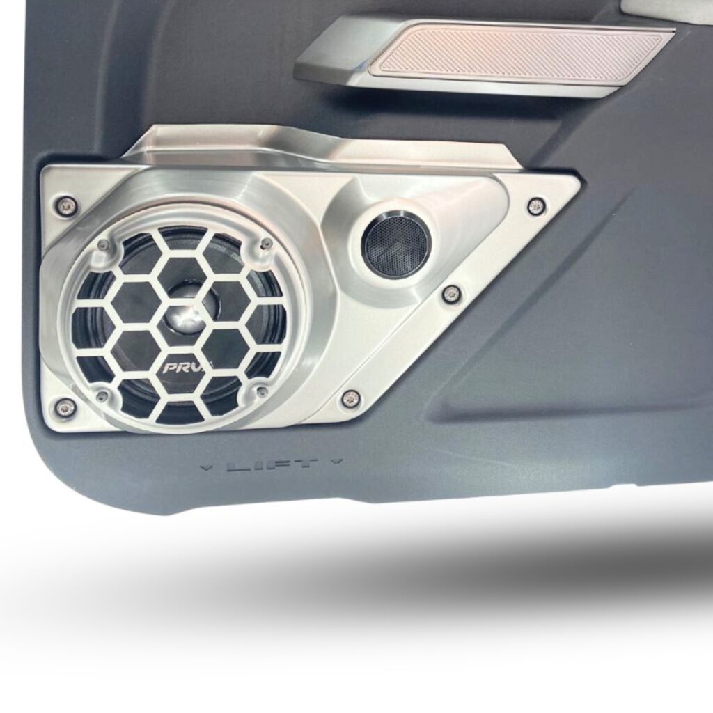 Front Door Custom Speaker Pods for the 2021-2023 Ford Bronco to hold 6.5 in and 2.0 in speakers for car audio installation upgrade