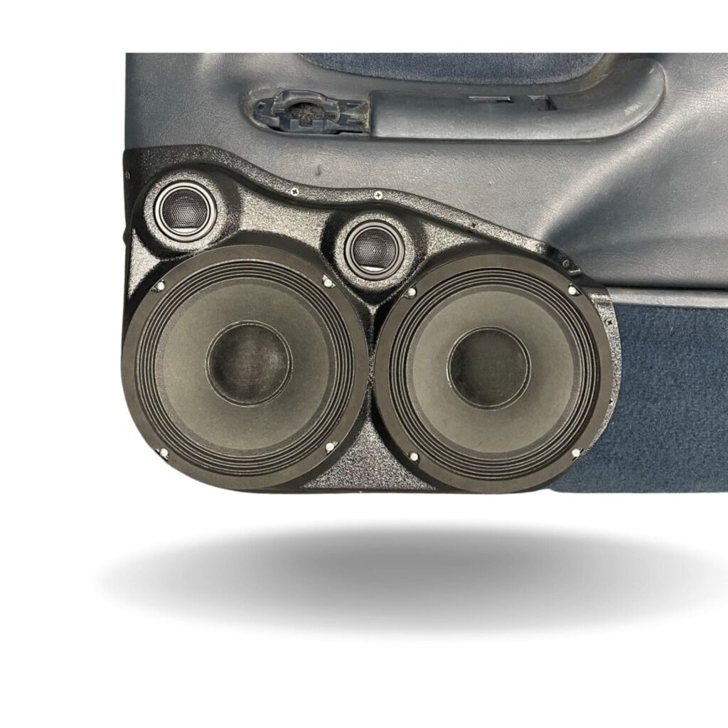 Front Door Custom Speaker Pods for the 1995-1999 Cadillac Escalade Chevrolet Silverado Suburban Tahoe GMC Sierra Yukon to hold Dual 8.0 in and Dual 2.0 in speakers for car audio installation upgrade