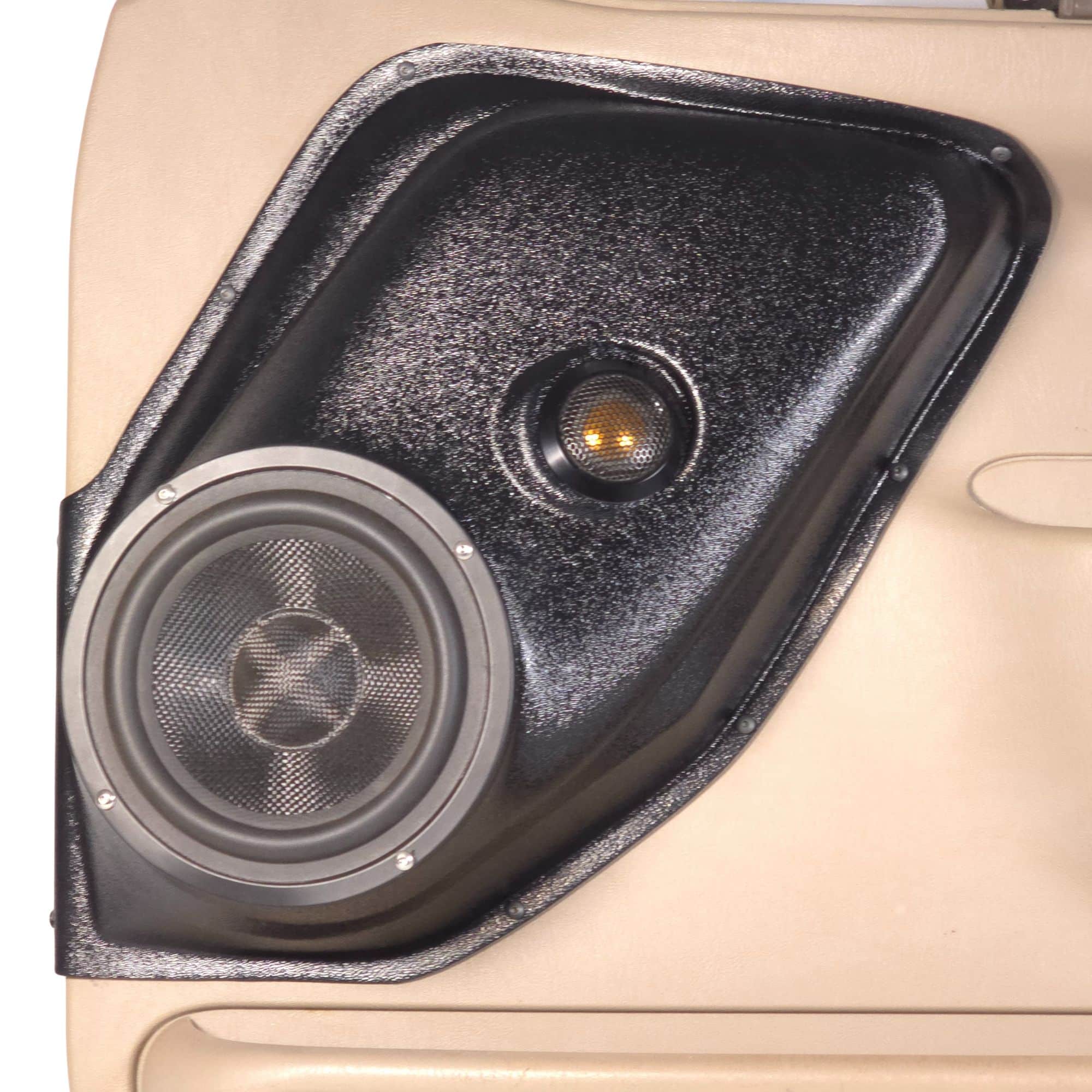 Front Door 6.5 in and 2.0 in Speaker Pods for 1999-2007 Ford Excursion F-250F-350 Front Door Custom Speaker Pods for the 1999-2007 Ford Excursion F-250F-350 to hold 6.5 in and 2.0 in speakers for car audio installation upgrade