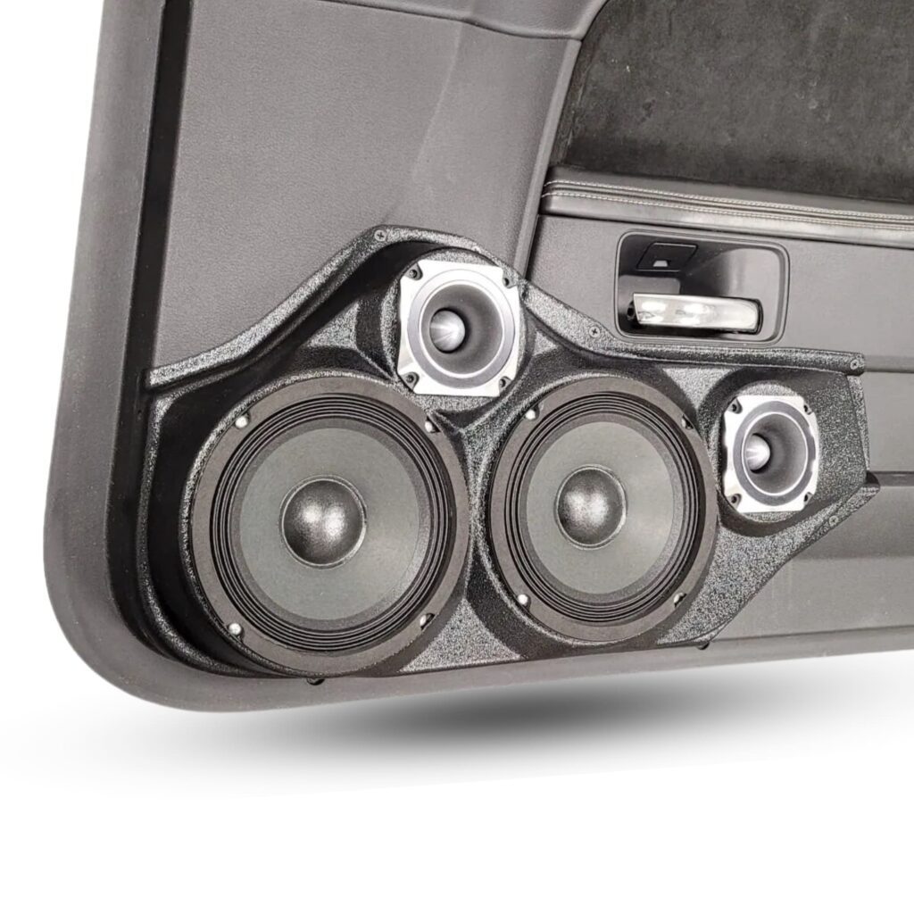 Front Door Custom Speaker Pods for the 2008-2014 Dodge Challenger to hold Dual 6.5 in and Dual 3.5 in speakers for car audio installation upgrade