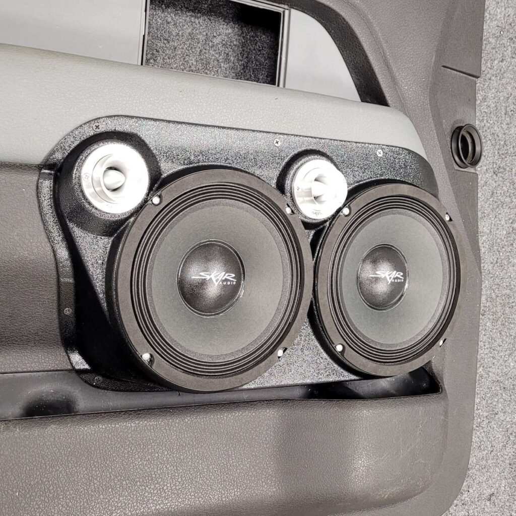 Front Door Custom Speaker Pods for the 2009-2014 Ford F-150 to hold Dual 8.0 in and Dual 2.0 in speakers for car audio installation upgrade