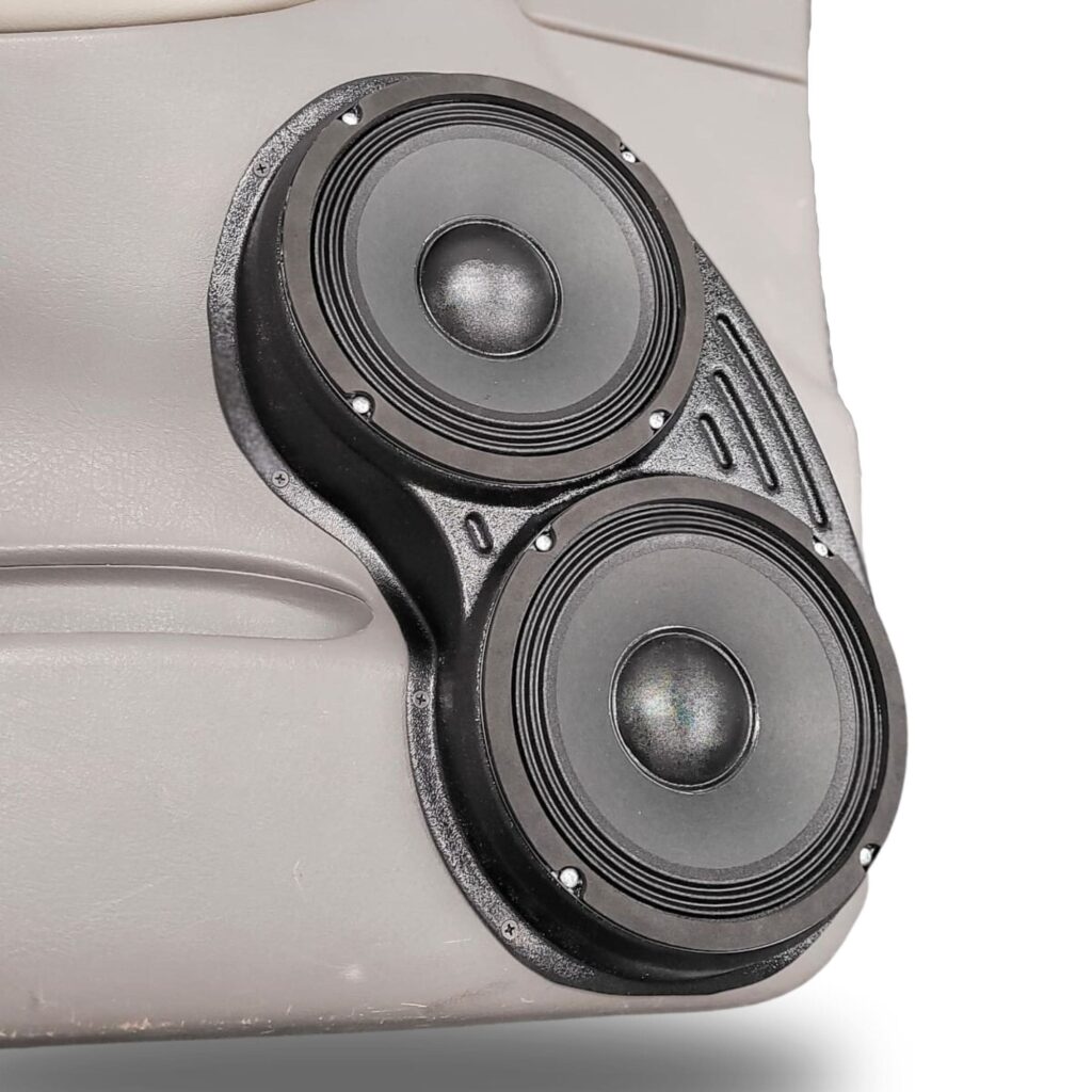 Front Door Custom Speaker Pods for the 2002-2005 Chevrolet Trailblazer to hold Dual 8.0 in speakers for car audio installation upgrade