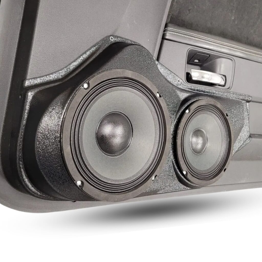 Front Door Custom Speaker Pods for the 2008-2014 Dodge Challenger to hold 8.0 in and 6.5 in speakers for car audio installation upgrade