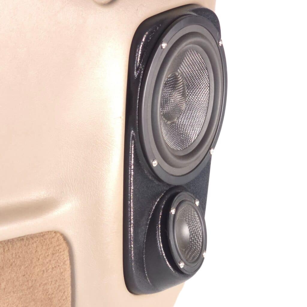 Rear Door Custom Speaker Pods for the 2000-2006 Cadillac Escalade Chevrolet Avalanche Silverado Tahoe Suburban GMC Sierra Yukon to hold 6.5 in and 3.5 in speakers for car audio installation upgrade
