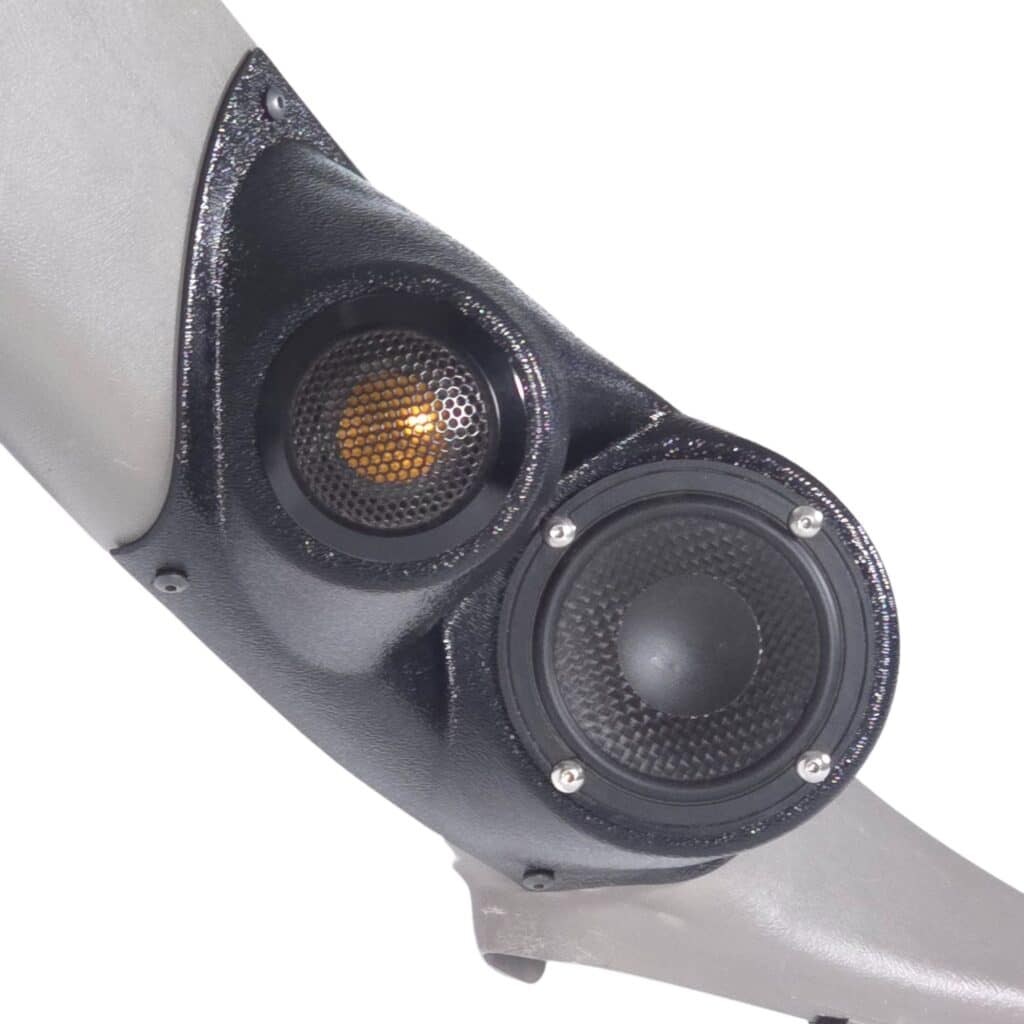 A-Pillar Custom Speaker Pods for the 2000-2006 Cadillac Escalade Chevrolet Avalanche Silverado Tahoe Suburban GMC Sierra Yukon to hold 3.5 in and 2.0 in speakers for car audio installation upgrade