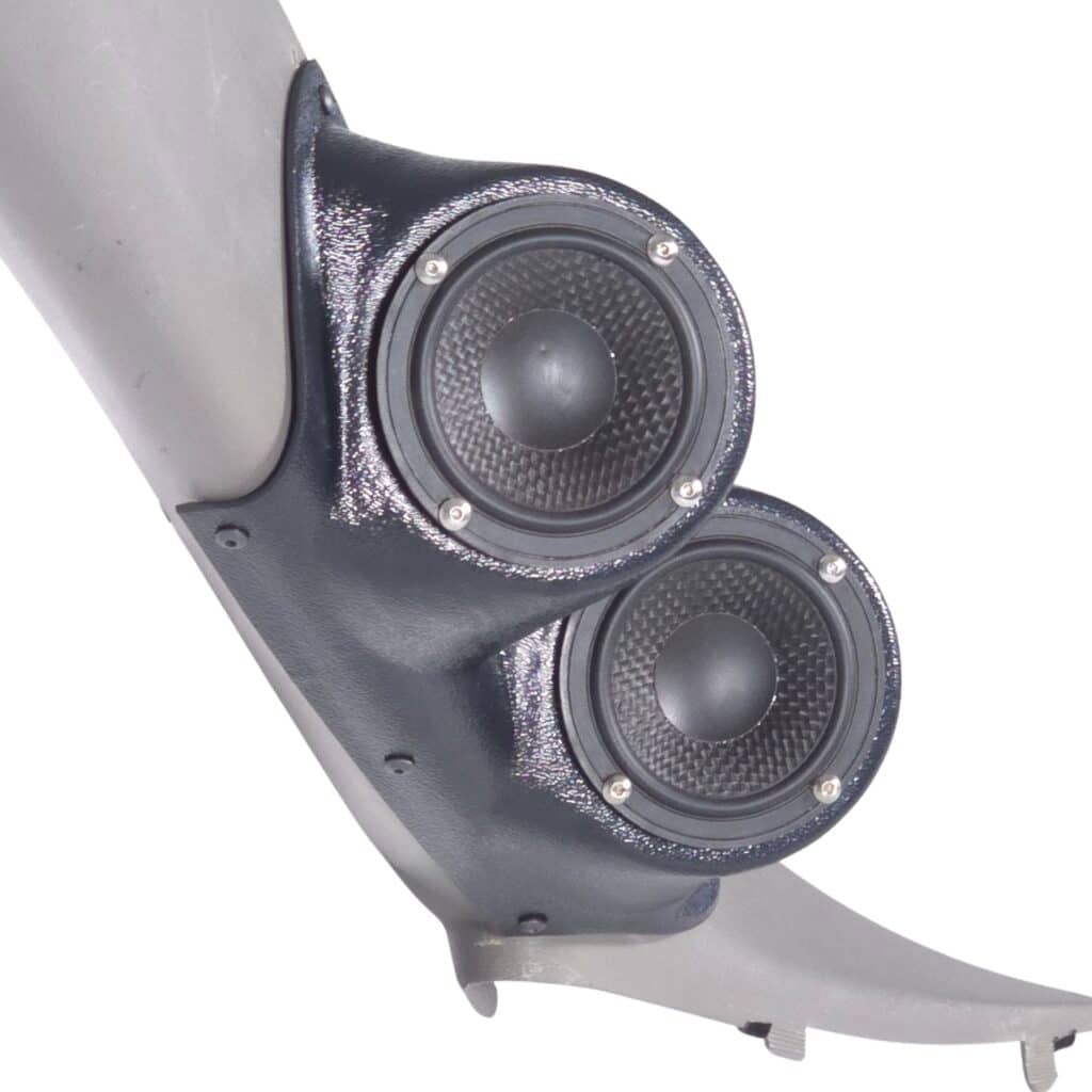 A-Pillar Custom Speaker Pods for the 2000-2006 Cadillac Escalade Chevrolet Avalanche Silverado Tahoe Suburban GMC Sierra Yukon to hold Dual 3.5 in speakers for car audio installation upgrade