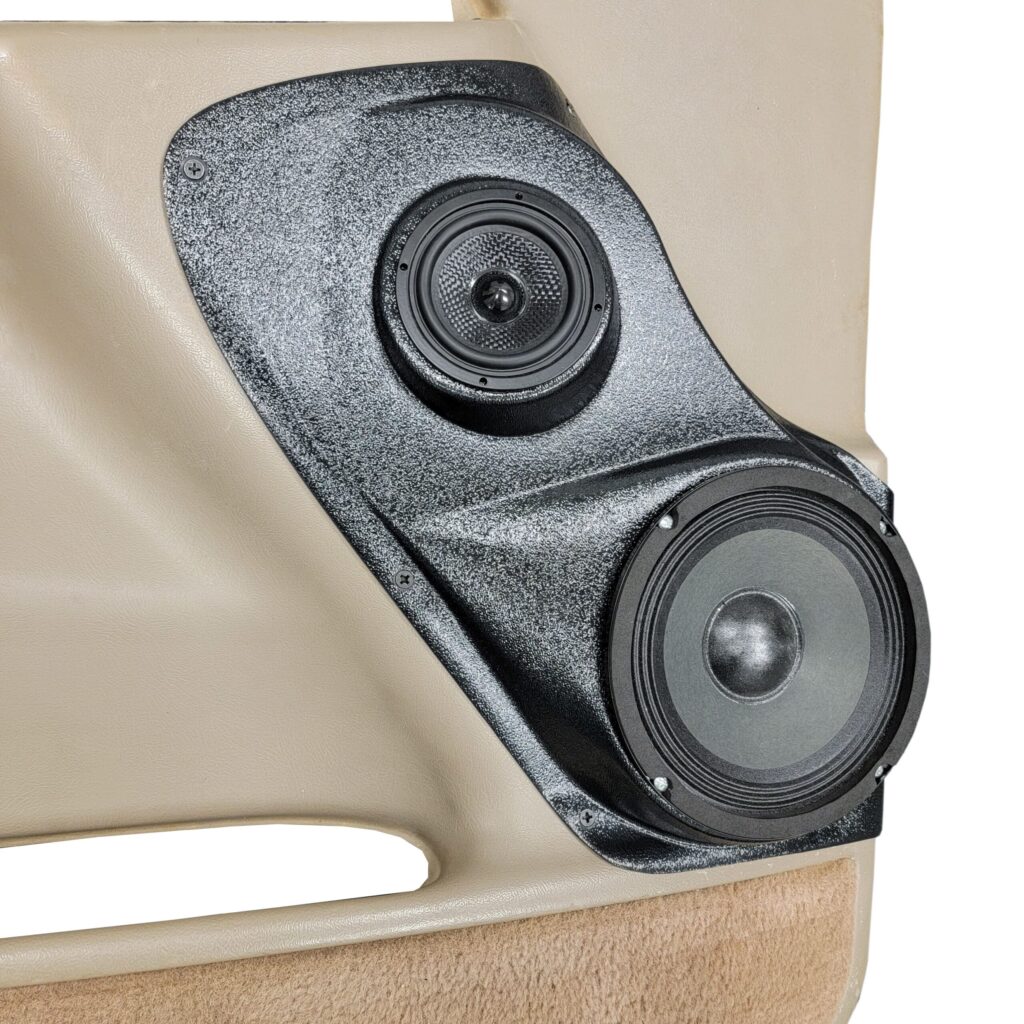 Front Door Custom Speaker Pods for the 2000-2006 Cadillac Escalade Chevrolet Avalanche Silverado Tahoe Suburban GMC Sierra Yukon to hold 6.5 in and 3.5 in speakers for car audio installation upgrade