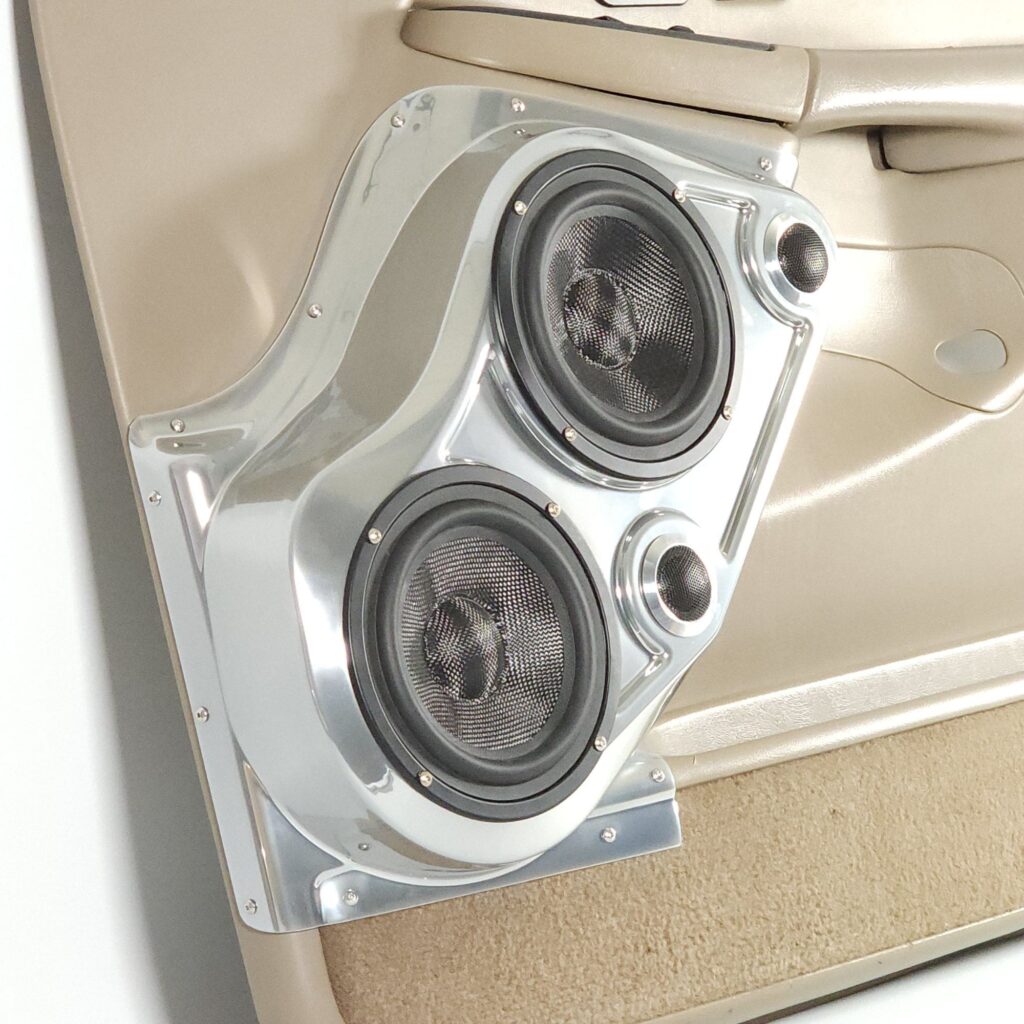 Front Door Custom Speaker Pods for the 2000-2006 Cadillac Escalade Chevrolet Avalanche Silverado Tahoe Suburban GMC Sierra Yukon to hold Dual 6.5 in and Dual 2.0 in speakers for car audio installation upgrade