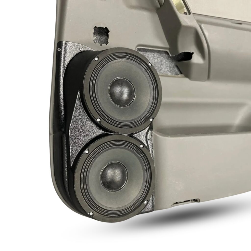 Rear Door Custom Speaker Pods for the 2004-2007 Infiniti QX56 Nissan Armada Titan to hold Dual 8.0 in speakers for car audio installation upgrade
