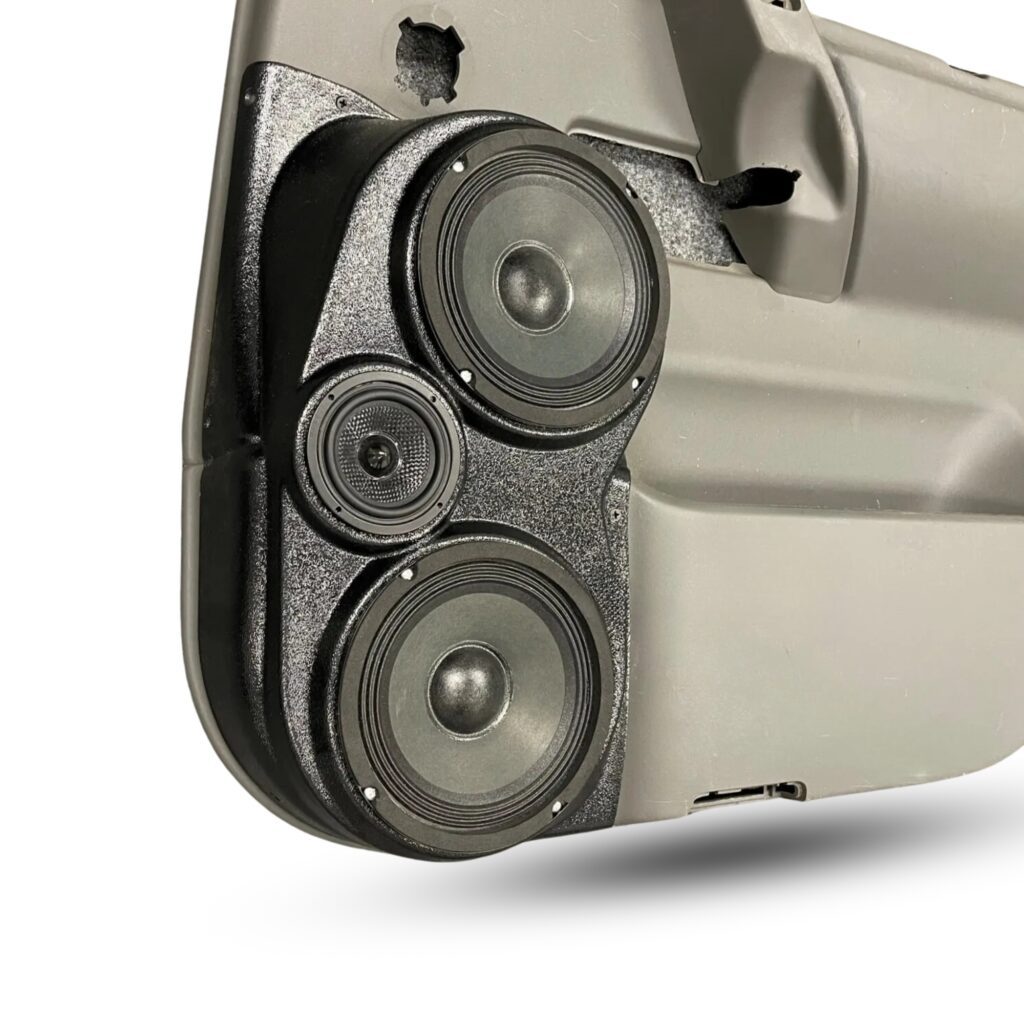 Rear Door Custom Speaker Pods for the 2004-2007 Infiniti QX56 Nissan Armada Titan to hold Dual 6.5 in and 3.5 in speakers for car audio installation upgrade