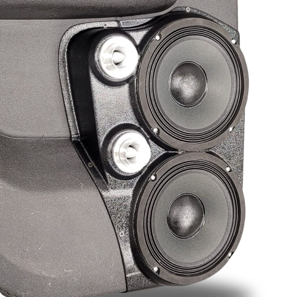 Rear Door Custom Speaker Pods for the 2007-2009 Cadillac Escalade Chevrolet Avalanche Tahoe Silverado Suburban GMC Yukon Sierra to hold Dual 8.0 in and Dual 2.0 in speakers for car audio installation upgrade