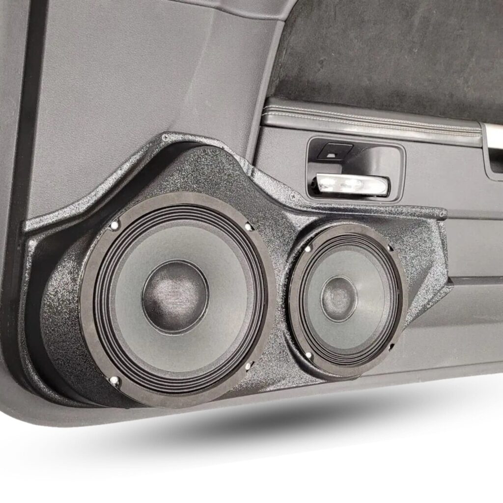 Front Door Custom Speaker Pods for the 2008-2014 Dodge Challenger to hold 8.0 in and 6.5 in speakers for car audio installation upgrade