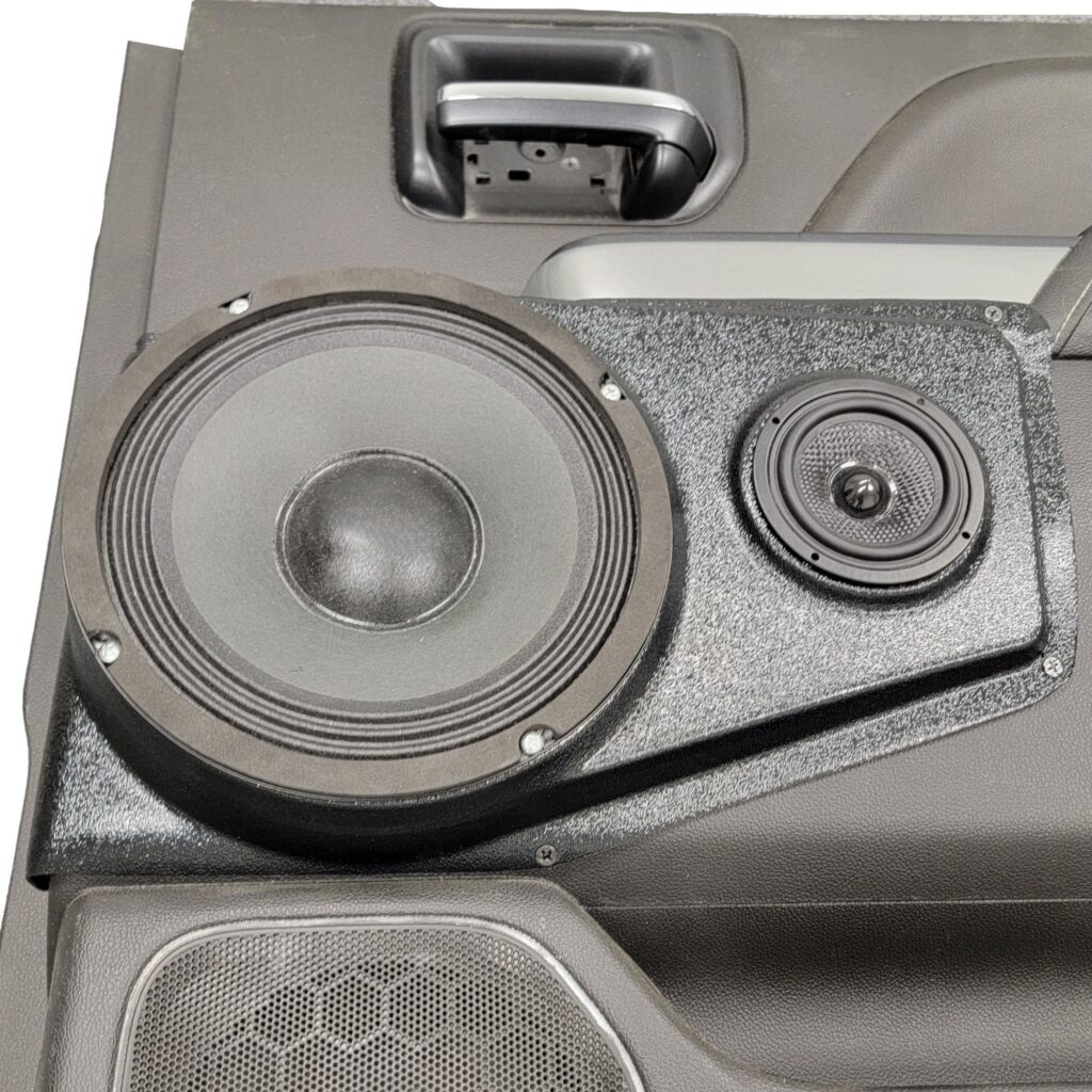 Rear Door Custom Speaker Pods for the 2014-2018 Chevrolet Silverado GMC Sierra to hold 8.0 in and 3.5 in speakers for car audio installation upgrade