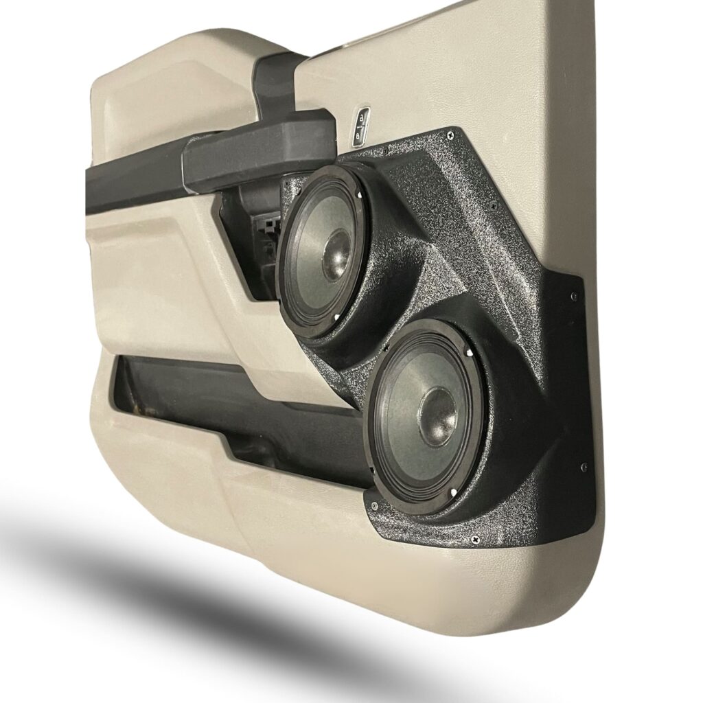 Front Door Custom Speaker Pods for the 2015-2020 Ford F-150 F-250F-350 to hold Dual 6.5 in speakers for car audio installation upgrade