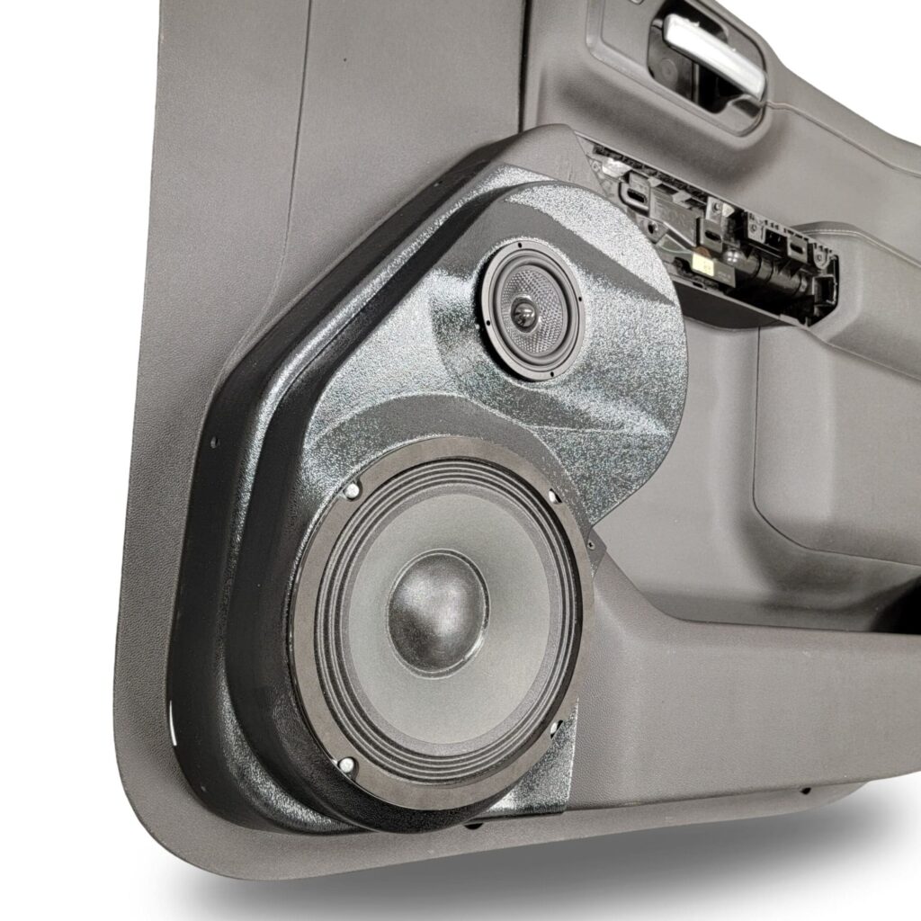 Front Door Custom Speaker Pods for the 2019-2023 Chevrolet Silverado GMC Sierra to hold 8.0 in and 3.5 in speakers for car audio installation upgrade