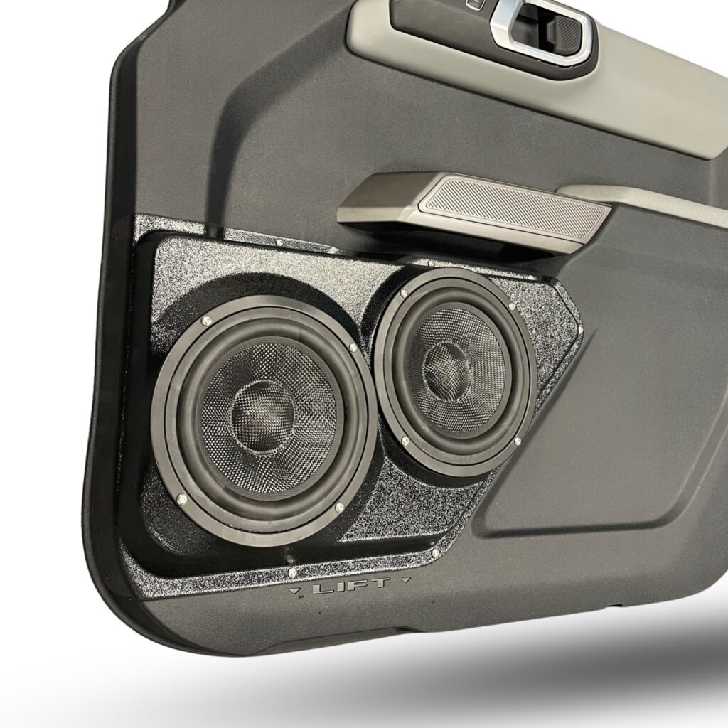 Front Door Custom Speaker Pods for the 2021-2023 Ford Bronco to hold Dual 6.5 in speakers for car audio installation upgrade