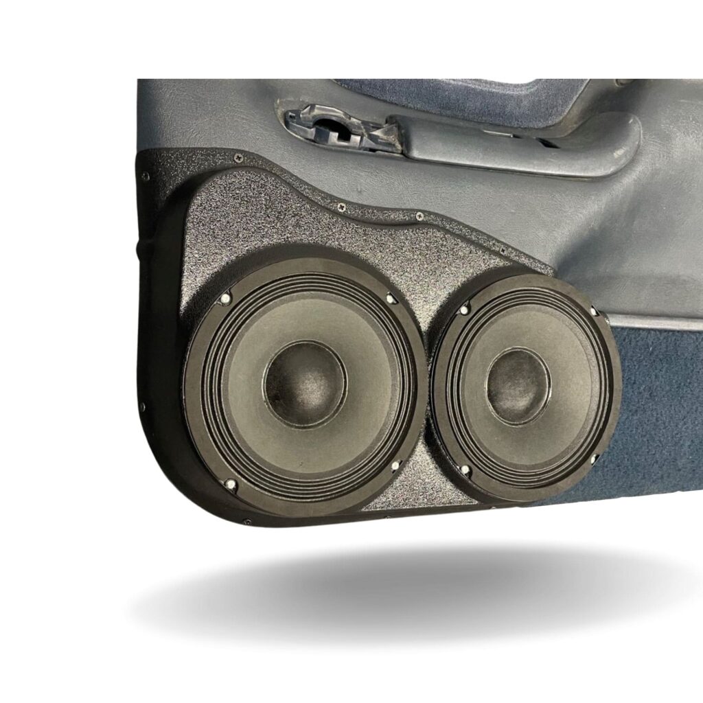 Front Door Custom Speaker Pods for the 1995-1999 Cadillac Escalade Chevrolet Silverado Suburban Tahoe GMC Sierra Yukon to hold Dual 8.0 in speakers for car audio installation upgrade