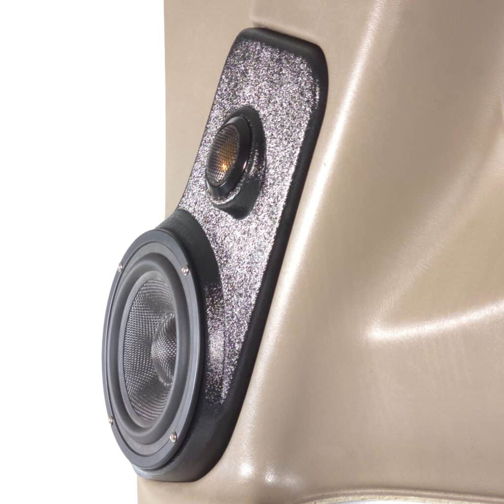 Front Door Custom Speaker Pods for the 2000-2006 Cadillac Escalade Chevrolet Avalanche Silverado Tahoe Suburban GMC Sierra Yukon to hold 6.5 in and 2.0 in speakers for car audio installation upgrade