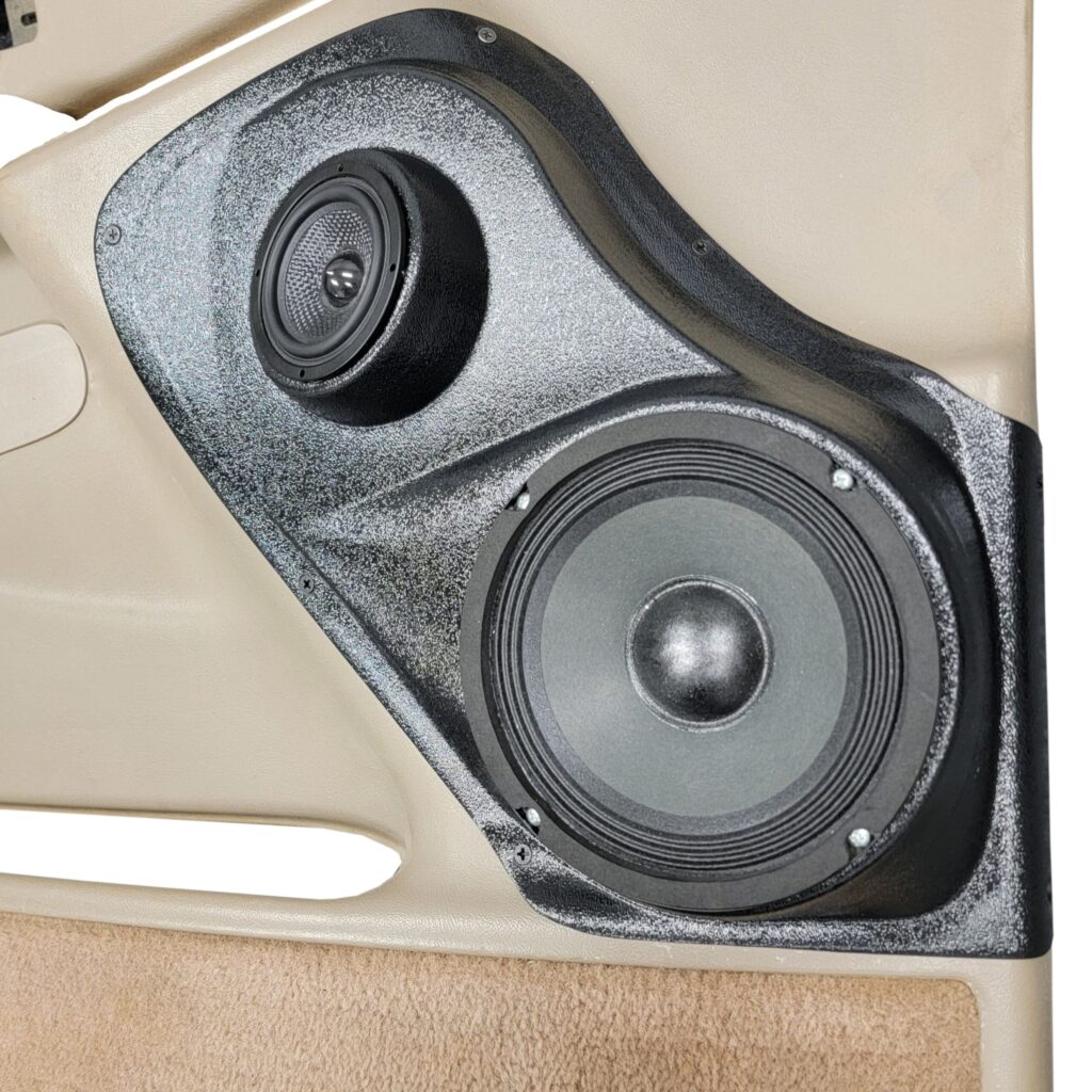 Front Door Custom Speaker Pods for the 2000-2006 Cadillac Escalade Chevrolet Avalanche Silverado Tahoe Suburban GMC Sierra Yukon to hold 6.5 in and 3.5 in speakers for car audio installation upgrade