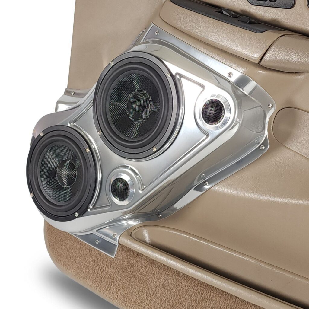 Front Door Custom Speaker Pods for the 2000-2006 Cadillac Escalade Chevrolet Avalanche Silverado Tahoe Suburban GMC Sierra Yukon to hold Dual 6.5 in and Dual 2.0 in speakers for car audio installation upgrade