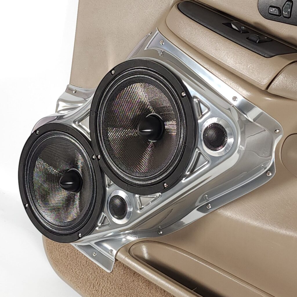 Front Door Custom Speaker Pods for the 2000-2006 Cadillac Escalade Chevrolet Avalanche Silverado Tahoe Suburban GMC Sierra Yukon to hold Dual 8.0 in and Dual 2.0 in speakers for car audio installation upgrade