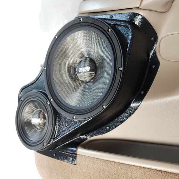 right ortho Speaker Upgrade for the Front Door of your 2000-2006 Chevrolet Tahoe, Suburban, Avalanche, Silverado. GMC Yukon, Sierra. Cadillac Escalade. Easy installation of a 10" and 6.5" Midrange for the most powerful car stereo possible.