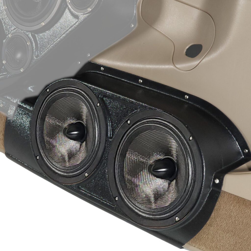 Front Door Custom Speaker Pods for the 2000-2006 Cadillac Escalade Chevrolet Avalanche Silverado Tahoe Suburban GMC Sierra Yukon to hold Dual 8.0 in speakers for car audio installation upgrade