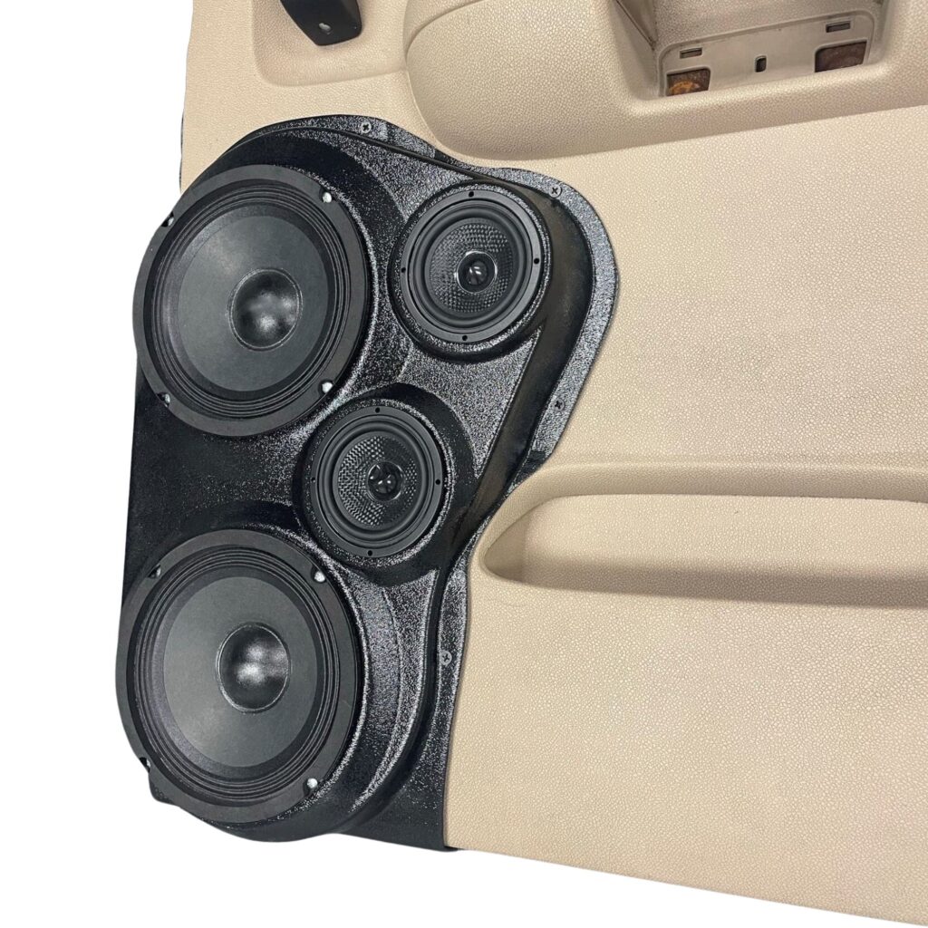 Rear Door Custom Speaker Pods for the 2007-2009 Chevrolet Silverado GMC Sierra to hold Dual 6.5 in and Dual 3.5 in speakers for car audio installation upgrade