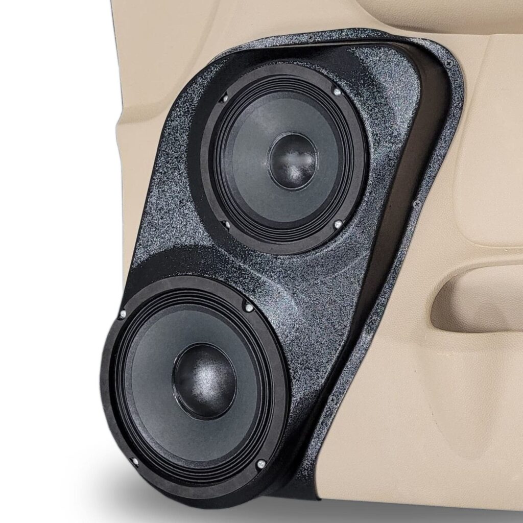 Front Door Custom Speaker Pods for the 2007-2009 Cadillac Escalade Chevrolet Avalanche Tahoe Silverado Suburban GMC Yukon Sierra to hold 8.0 in and 6.5 in speakers for car audio installation upgrade