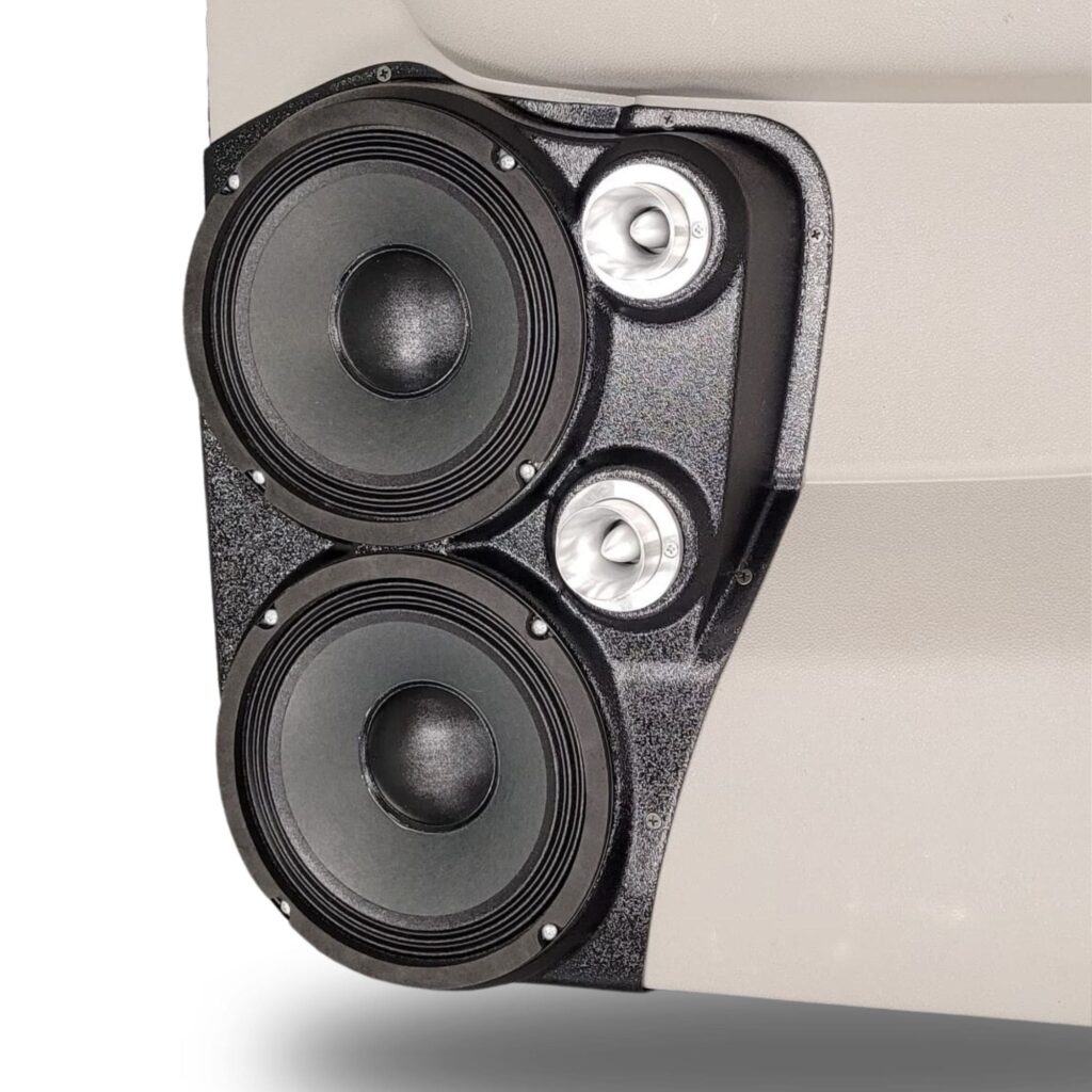 Rear Door Custom Speaker Pods for the 2007-2009 Cadillac Escalade Chevrolet Avalanche Tahoe Silverado Suburban GMC Yukon Sierra to hold Dual 8.0 in and Dual 2.0 in speakers for car audio installation upgrade