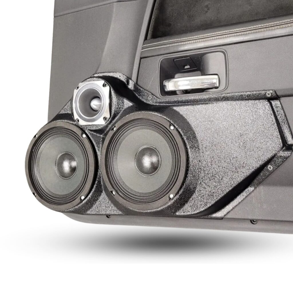 Front Door Custom Speaker Pods for the 2008-2014 Dodge Challenger to hold Dual 6.5 in and 3.5 in speakers for car audio installation upgrade