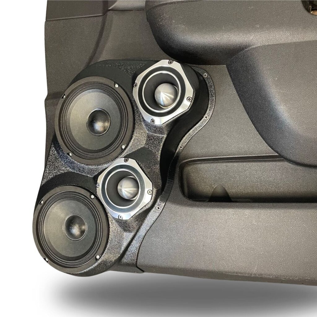 Front Door Custom Speaker Pods for the 2007-2009 Cadillac Escalade Chevrolet Avalanche Tahoe Silverado Suburban GMC Yukon Sierra to hold Dual 6.5 in and Dual 4.0 in speakers for car audio installation upgrade