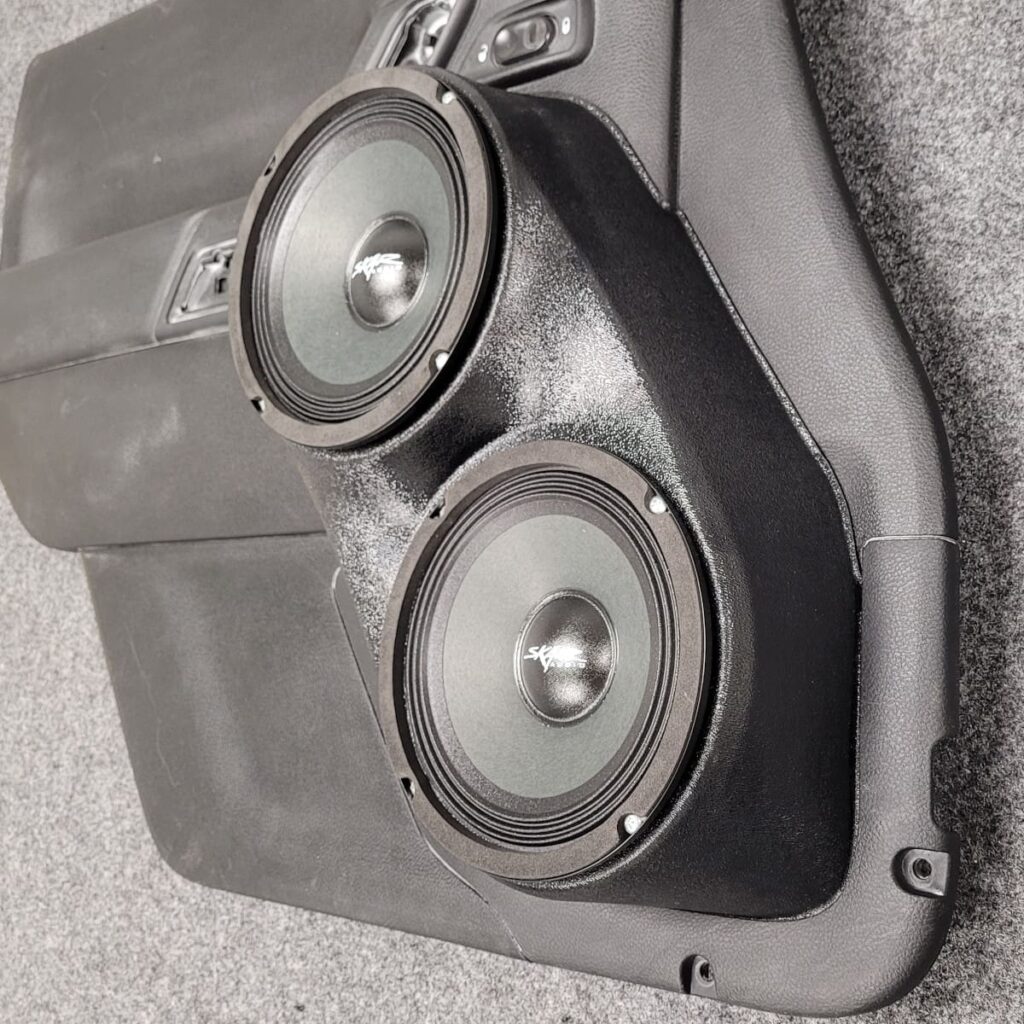 Front Door Custom Speaker Pods for the 2011-2017 Jeep Wrangler to hold Dual 6.5 in speakers for car audio installation upgrade